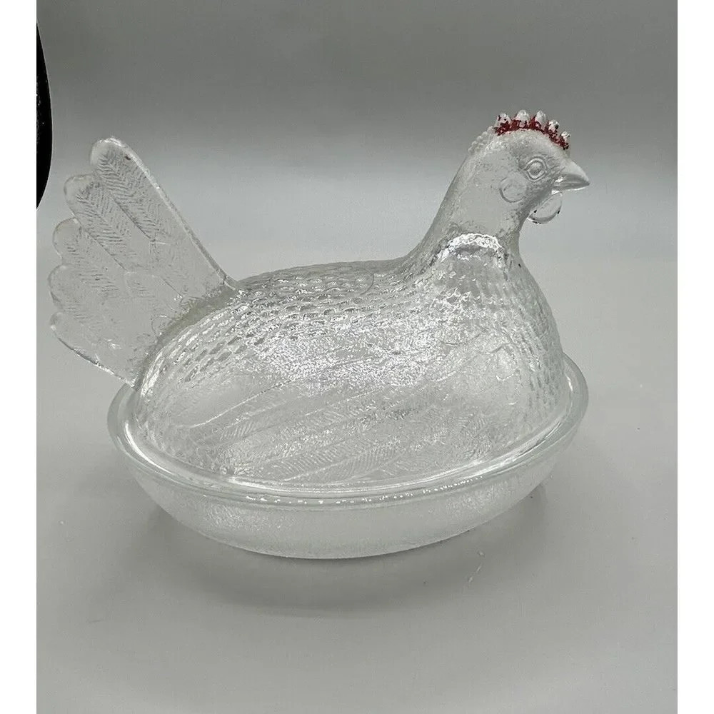 Hen On Nest‎ Indiana Glass Clear Red Comb Chicken  Covered Candy Dish Vintage